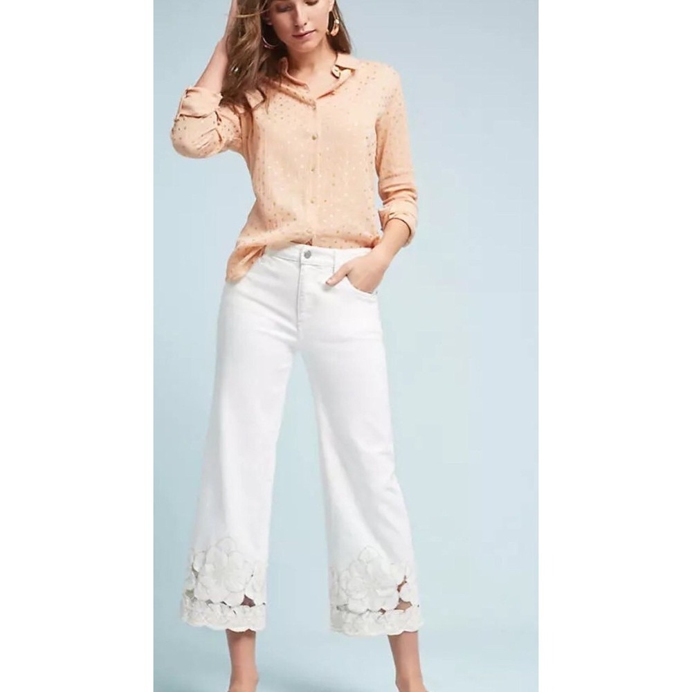 Anthropologie White Wide-Leg Cropped Jeans with Lace Hem